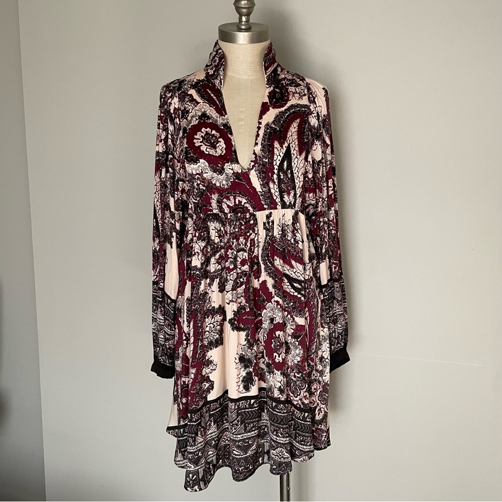 Free People burgundy black and cream print dress/tunic size S